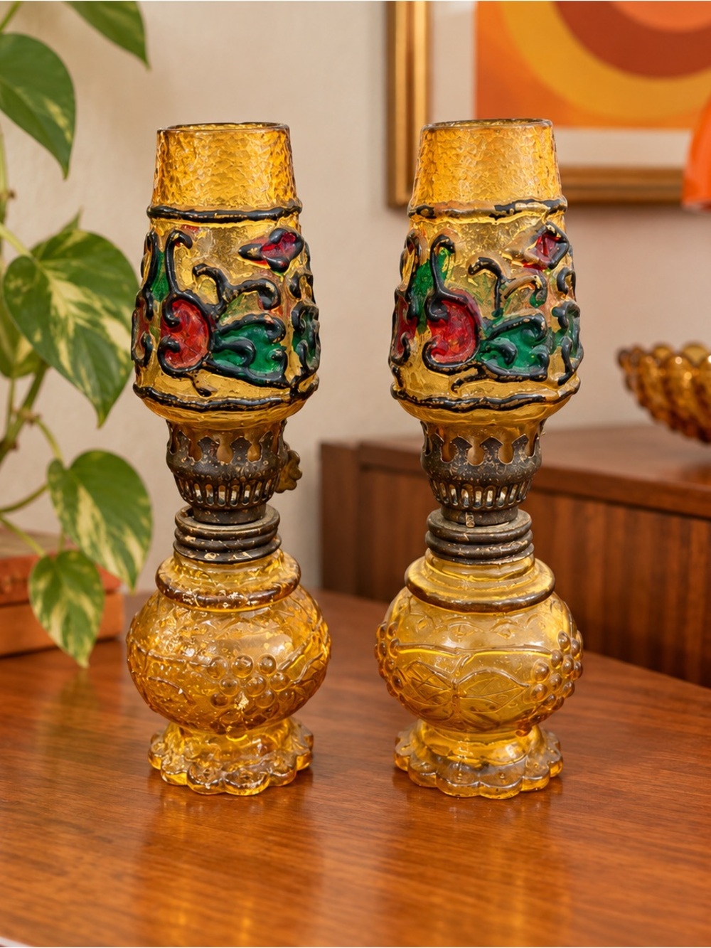 Vintage 1960s Amber stained glass mini 5” KEROSENE oil lamp set of 2 MCM